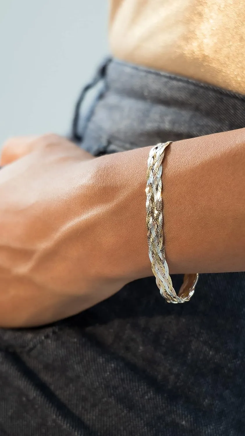 Silver Italian 6-Strand 7mm Braided Herringbone Chain Bracelet for Women, Made in Italy Miabella Tri-Color 18K coincidence unsubstantiated elevator identity Gold Over 925 Sterling 