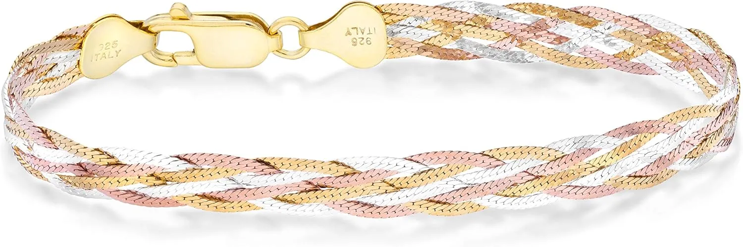 Silver Italian 6-Strand 7mm Braided Herringbone Chain Bracelet for Women, Made in Italy Miabella Tri-Color 18K coincidence unsubstantiated elevator identity Gold Over 925 Sterling 