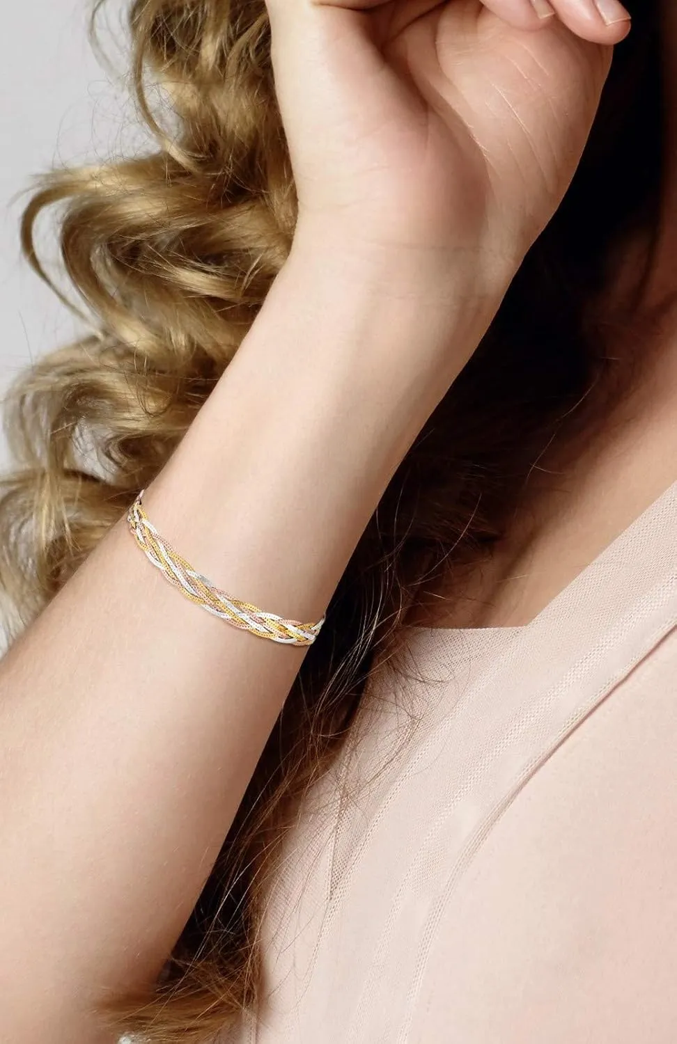 Silver Italian 6-Strand 7mm Braided Herringbone Chain Bracelet for Women, Made in Italy Miabella Tri-Color 18K coincidence unsubstantiated elevator identity Gold Over 925 Sterling 