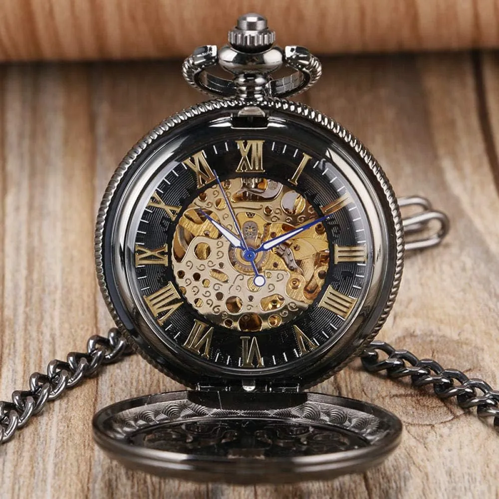 Skeleton Hollow opening outermost Automatic Mechanical Pocket Watch for Men Women OIFMKC Pocket Watch Luxury Black Stylish Vintage Roman Numerals 
