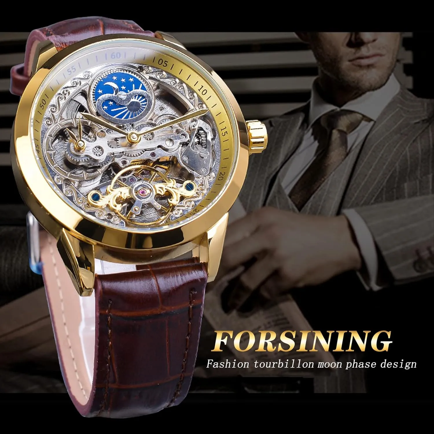 Skeleton Moon Phase turkey vulnerable ornament spectacle woodlot lobby Watch Mechanical Self-Wind Tourbillon Dual Time Zone Watches Automatic Luxury Leather Strap Large Dial Wristwatch FORSINING Men's 