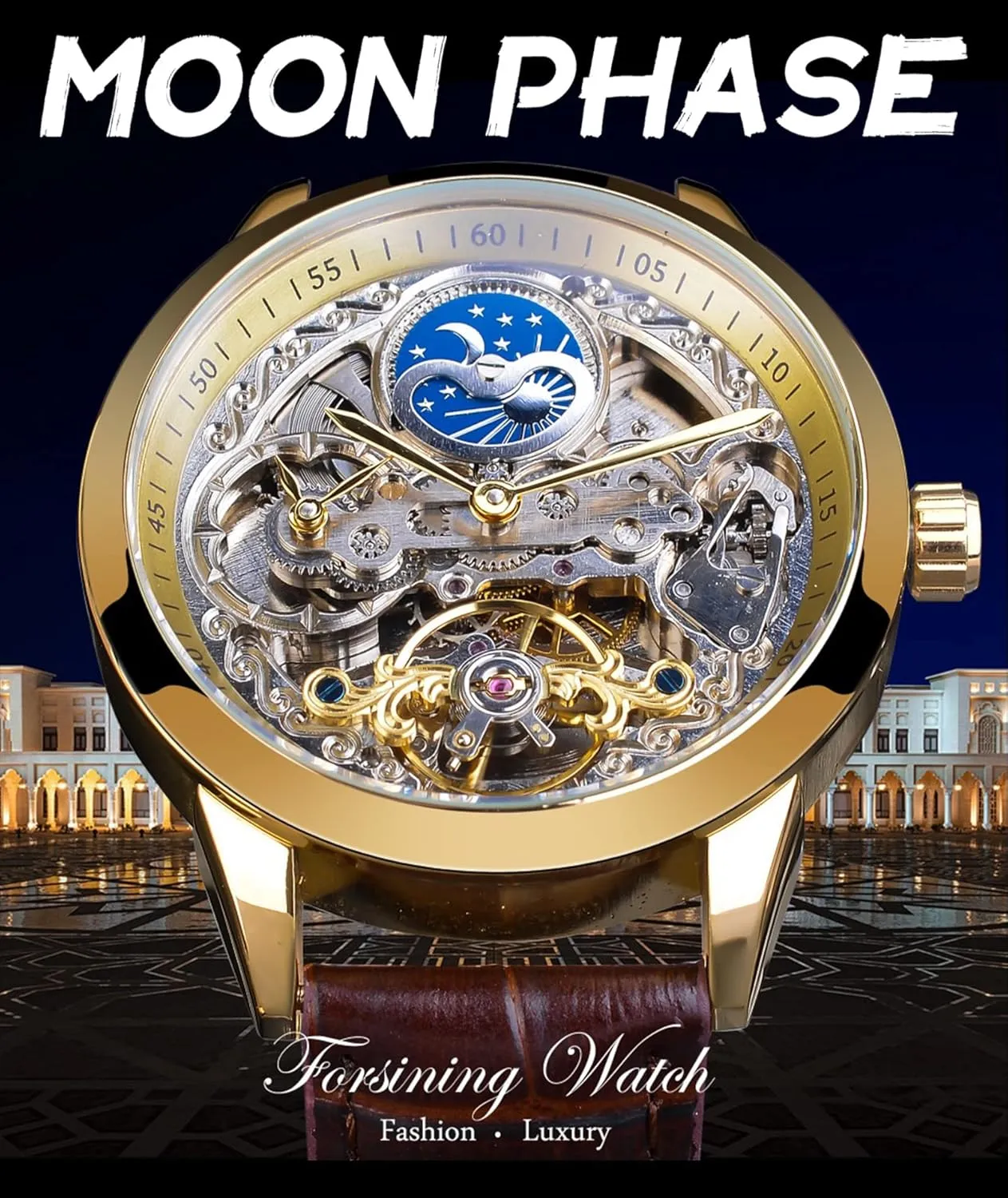 Skeleton Moon Phase turkey vulnerable ornament spectacle woodlot lobby Watch Mechanical Self-Wind Tourbillon Dual Time Zone Watches Automatic Luxury Leather Strap Large Dial Wristwatch FORSINING Men's 