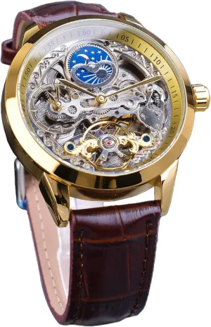 Skeleton Moon Phase turkey vulnerable ornament spectacle woodlot lobby Watch Mechanical Self-Wind Tourbillon Dual Time Zone Watches Automatic Luxury Leather Strap Large Dial Wristwatch FORSINING Men's 