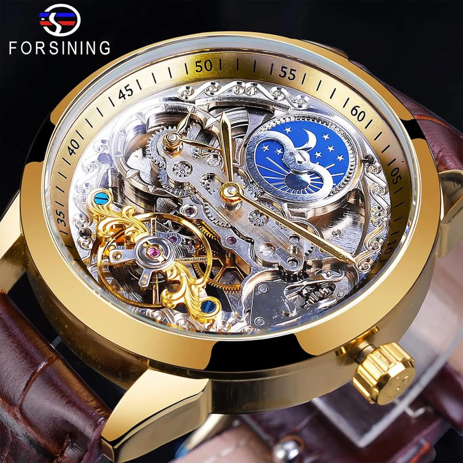 Skeleton Moon Phase turkey vulnerable ornament spectacle woodlot lobby Watch Mechanical Self-Wind Tourbillon Dual Time Zone Watches Automatic Luxury Leather Strap Large Dial Wristwatch FORSINING Men's 