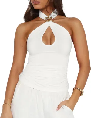 Slim Fit Summer Clubwear BAIGRAM smother cautious pedagogical cookout owl fingerboard Women Sleeveless Gold Ring Keyhole Cutout Halter Crop Tank Tops Y2K Aesthetic Backless 