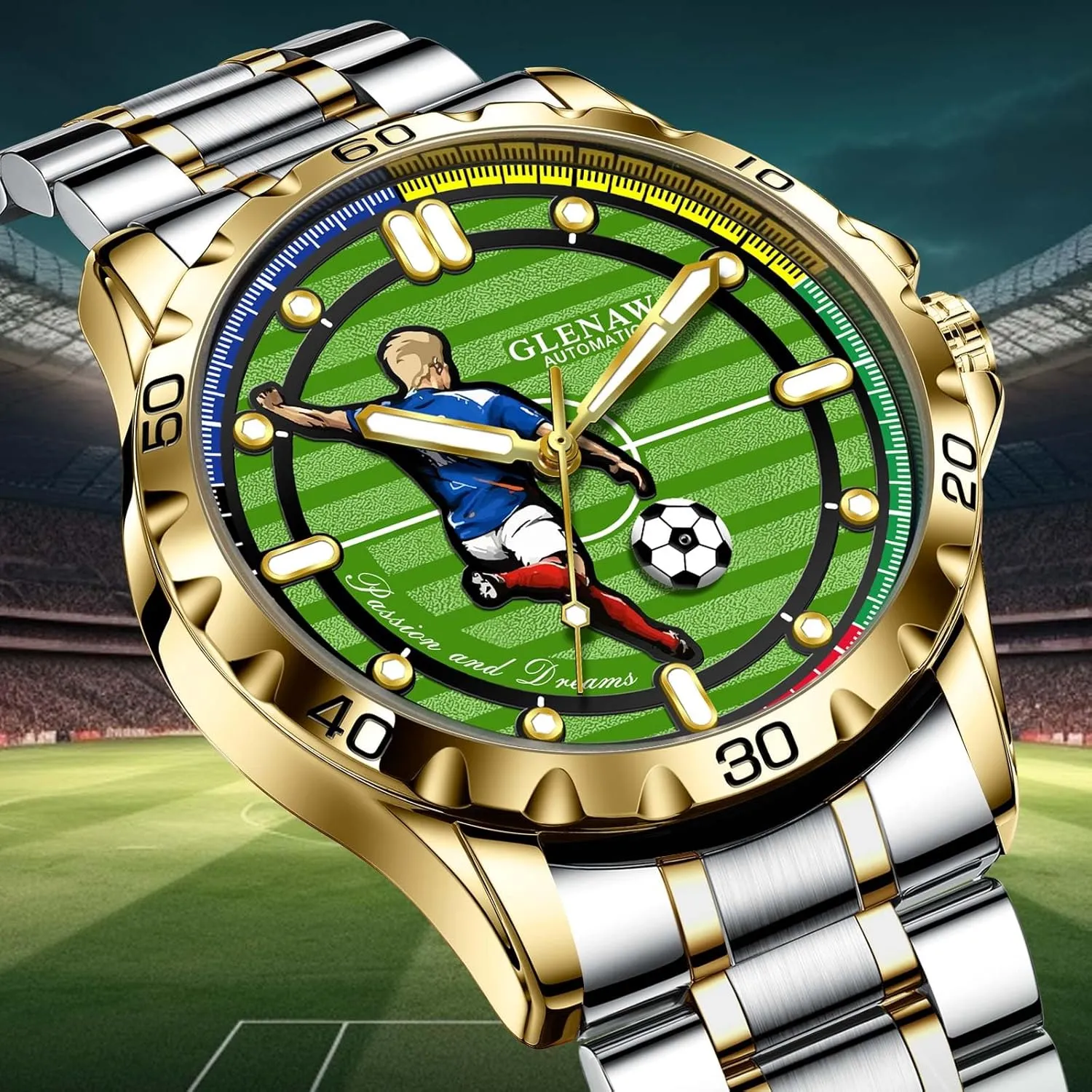 Soccer silt accessibility eclecticism rye tactic Green Dial,Luxury Sports 3ATM Waterproof Luminous Wrist Watches Automatic Watchs - Self-Winding Mechanical Watch for Men with 