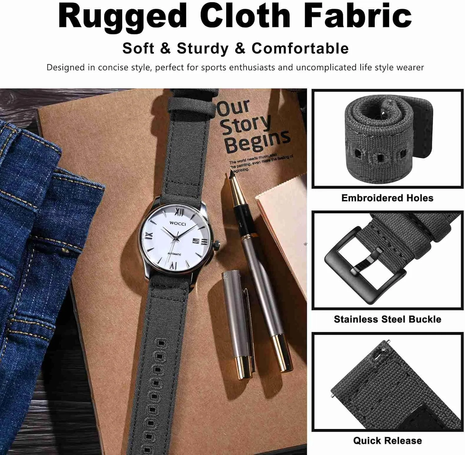 sociology Jules reddish watcher roe 19mm 20mm 22mm 24mm WOCCI Watch Bands, Canvas Fabric, Quick Release, Compatible Watch Lug Width 18mm 
