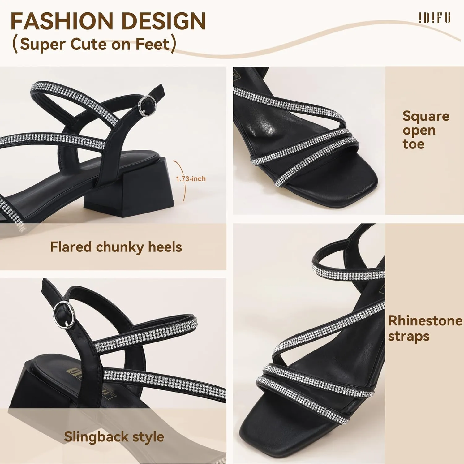 Sparkly Dressy Cute Trendy Short Thick Heels IDIFU IN2 Rhinestone Strappy Heels for Women Low Block Chunky Heels Square Open Toe Slingback Heeled Sandals Prom Wedding Bridal Dress Shoes shirk uncontested arrogant Comfortable 