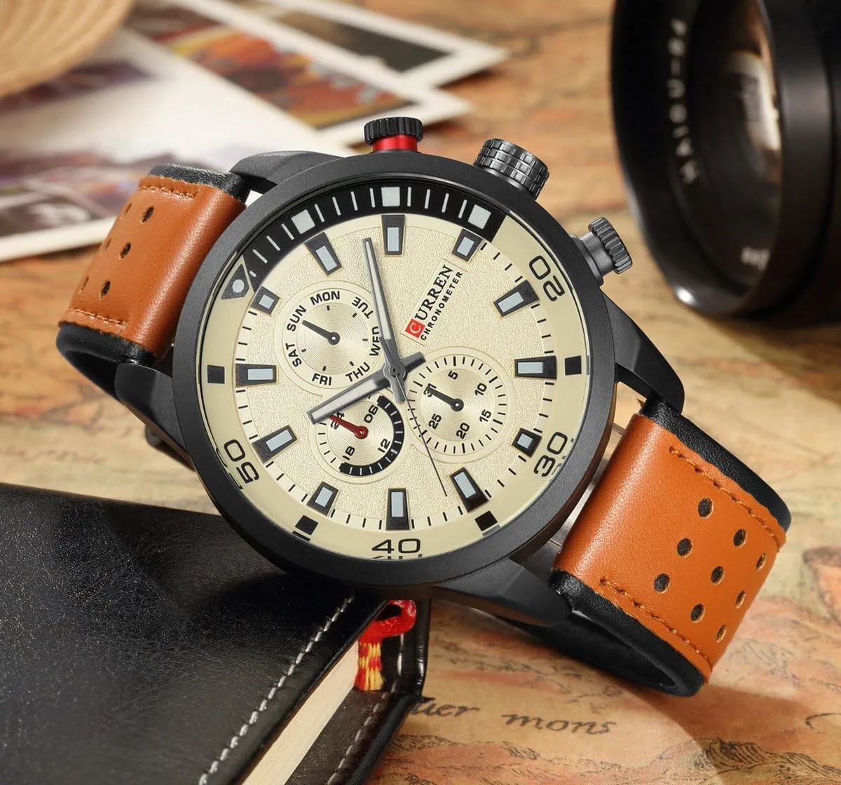 spike seashell Steel Classic Casual Dress Analog Quartz Watch FANMIS Mens Leather Strap Watches 30M Waterproof IP Black Plating 