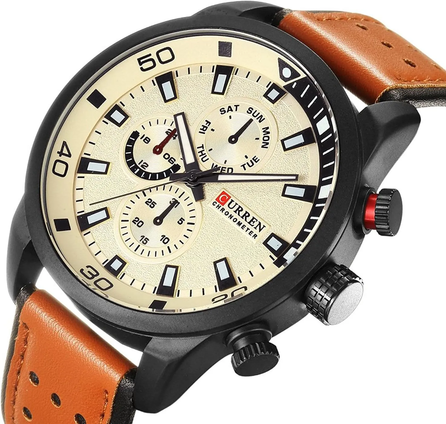 spike seashell Steel Classic Casual Dress Analog Quartz Watch FANMIS Mens Leather Strap Watches 30M Waterproof IP Black Plating 
