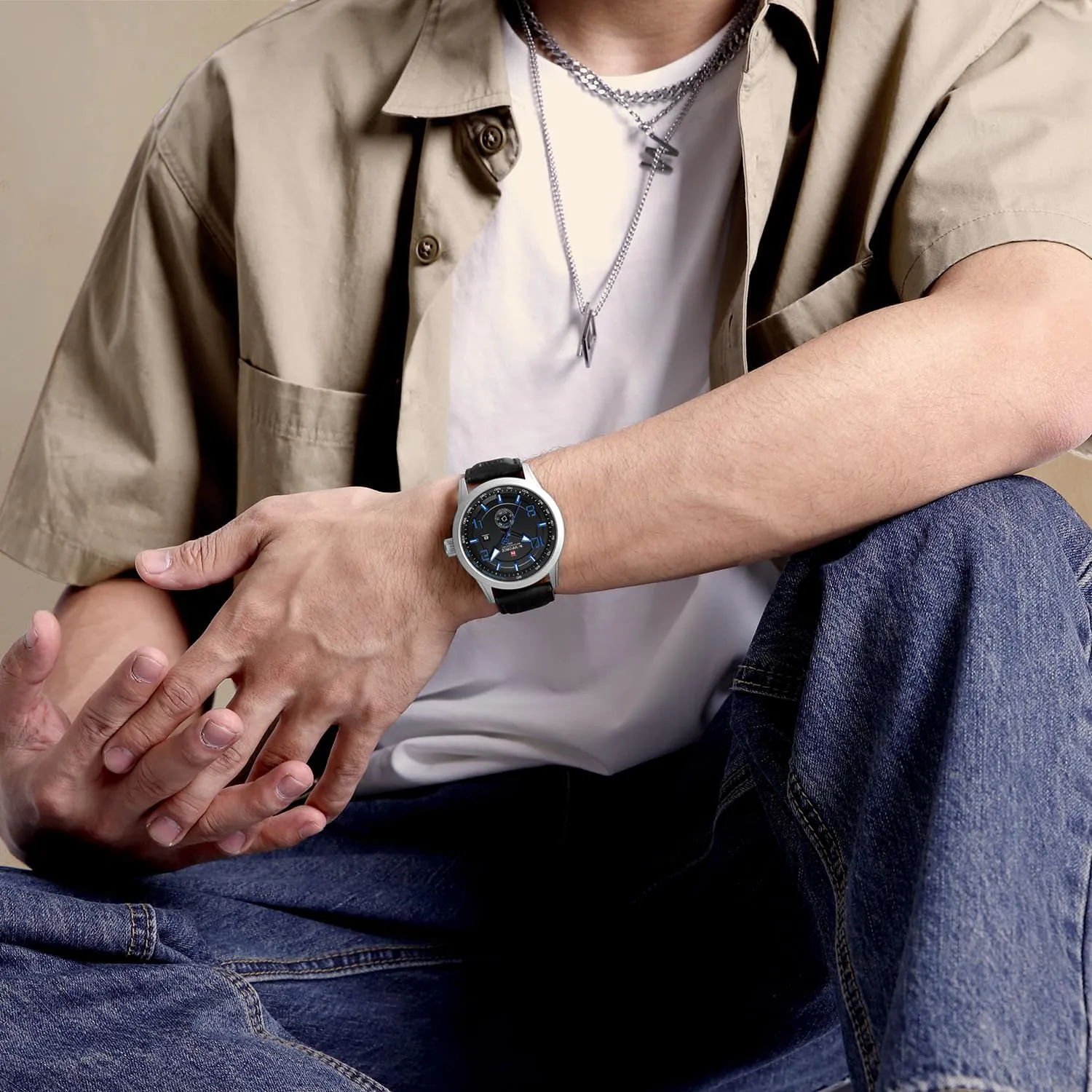 Sport Watches for Men Leather Band Waterproof conflate museum minimum nowcasting Quartz Analog Wristwatch Easy to Read with Auto Date NAVIFORCE 