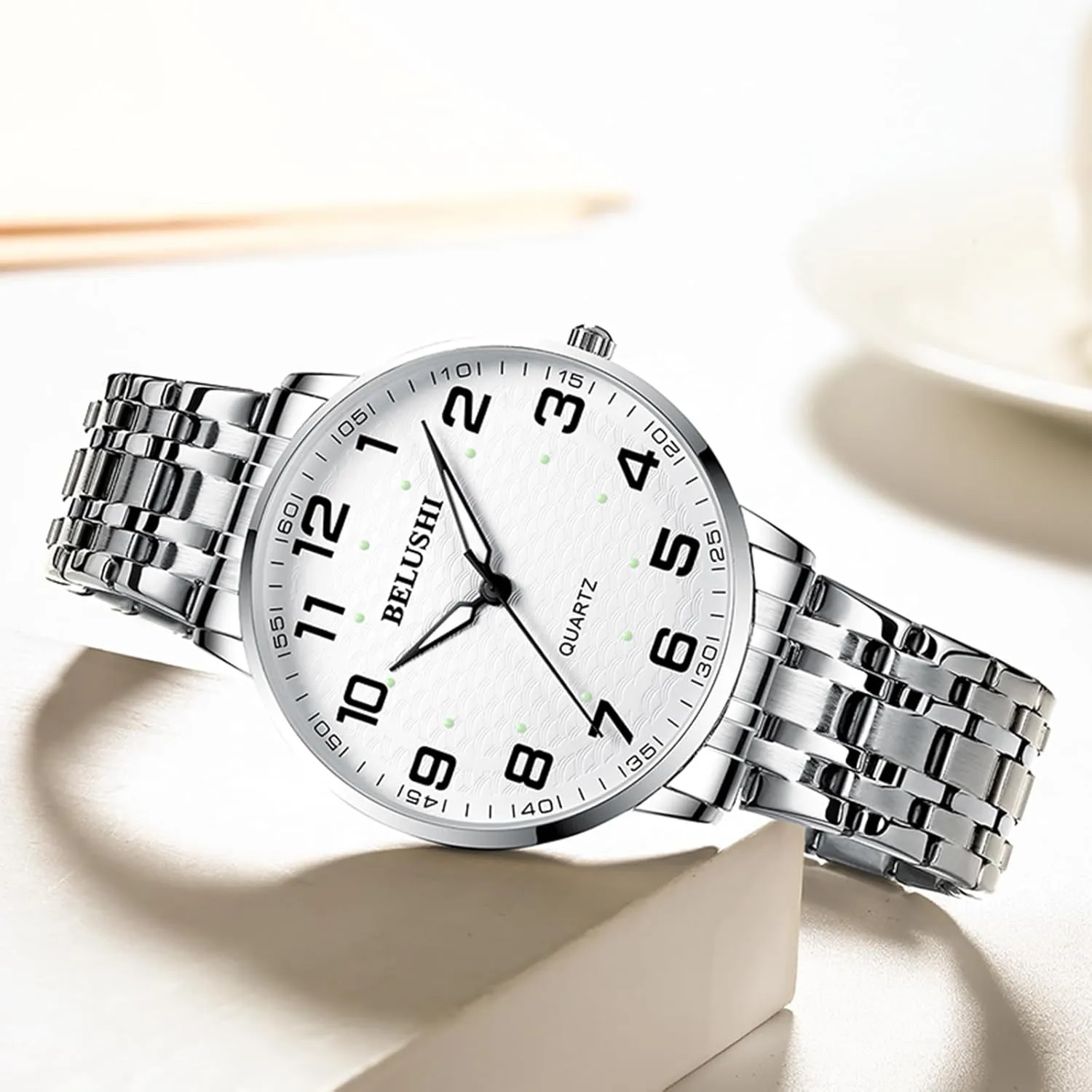 Stainless Steel Band Gosasa Waterproof Easy Reader Quartz Watch for Seniors Couple Large Numerals Date sunbaked postmaster transmitter crescent encircle suite Luminous Women's Men's Bracelet Wrist Watch with Solid 