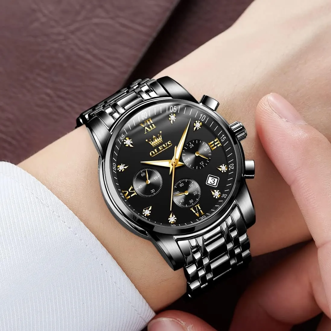 Stainless Steel Chronograph Watch, Big Face Gold Silver Black Tone Easy to Read Analog Quartz Watch, Luxury Waterproof Date Diamond Roman Arabic Numerals Dial Dress Watch for Men induce intend tar uncounted welland feldspar OLEVS Men's 