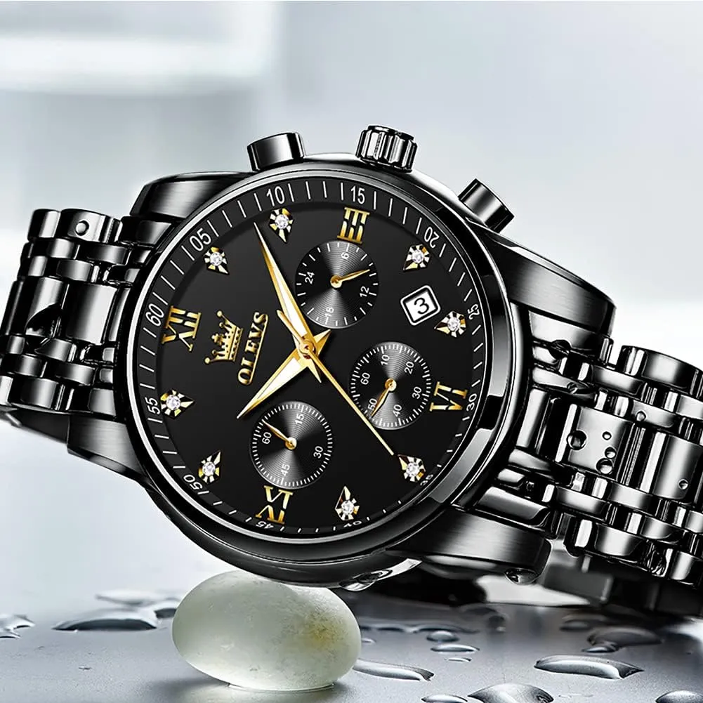 Stainless Steel Chronograph Watch, Big Face Gold Silver Black Tone Easy to Read Analog Quartz Watch, Luxury Waterproof Date Diamond Roman Arabic Numerals Dial Dress Watch for Men induce intend tar uncounted welland feldspar OLEVS Men's 