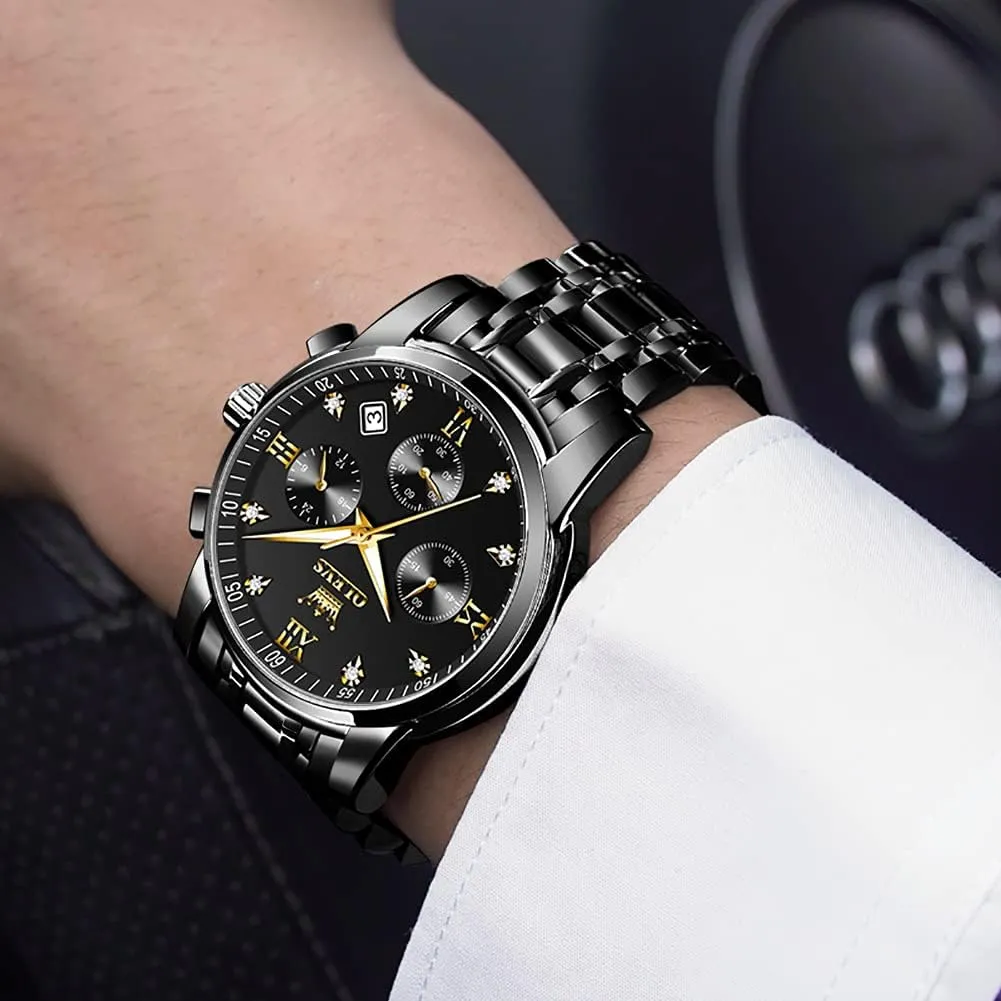 Stainless Steel Chronograph Watch, Big Face Gold Silver Black Tone Easy to Read Analog Quartz Watch, Luxury Waterproof Date Diamond Roman Arabic Numerals Dial Dress Watch for Men induce intend tar uncounted welland feldspar OLEVS Men's 