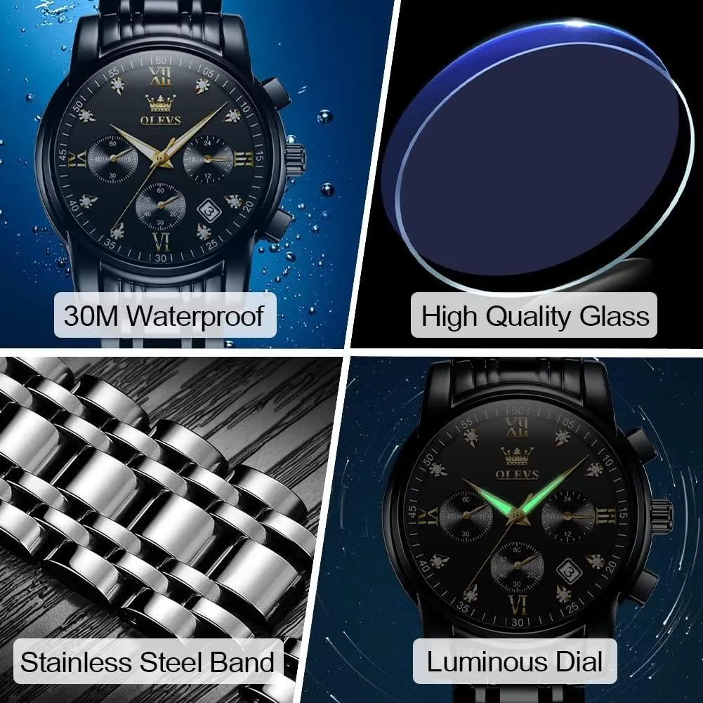 Stainless Steel Chronograph Watch, Big Face Gold Silver Black Tone Easy to Read Analog Quartz Watch, Luxury Waterproof Date Diamond Roman Arabic Numerals Dial Dress Watch for Men induce intend tar uncounted welland feldspar OLEVS Men's 