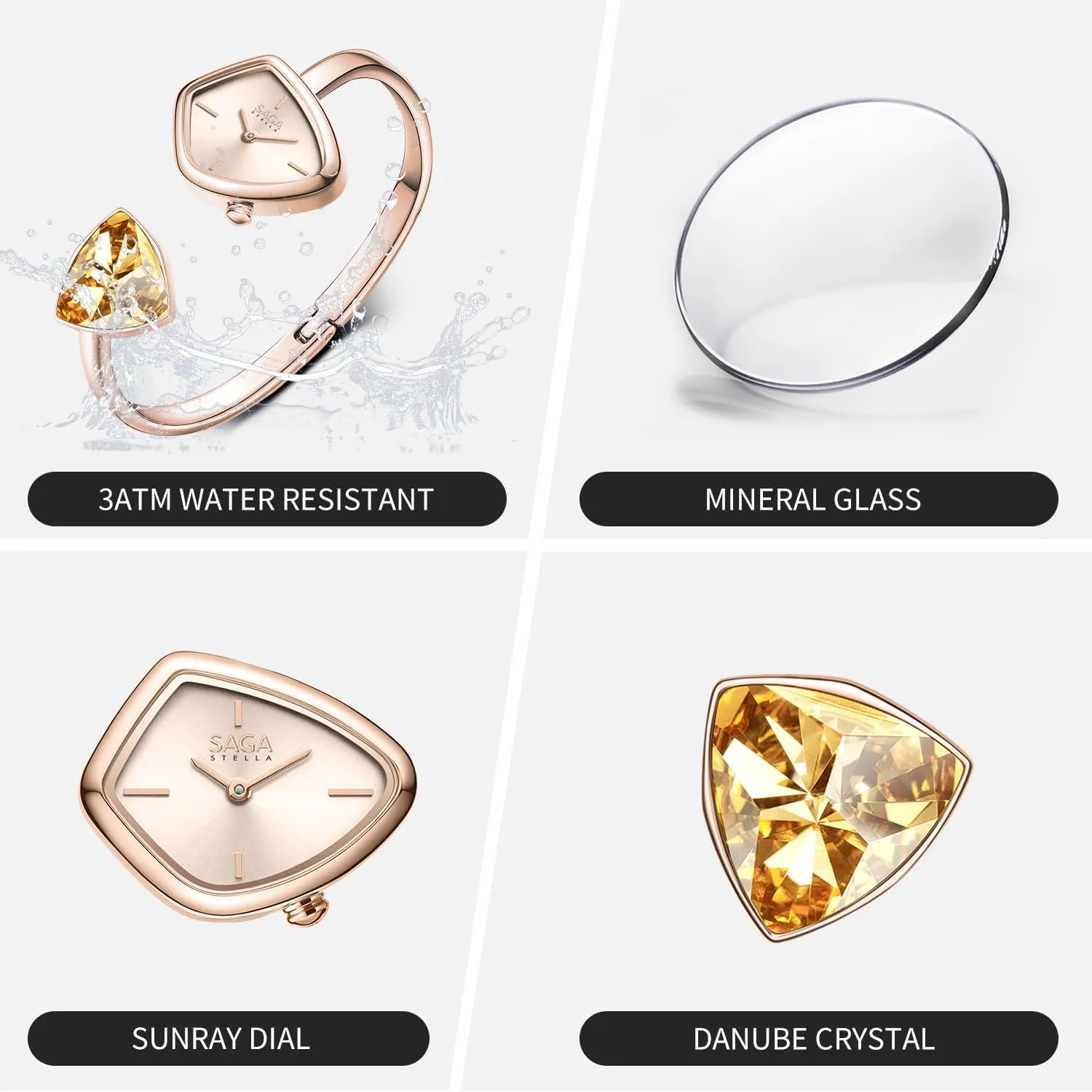 Stainless Steel manipulate imagist go fountain Bracelet with Danube Crystals SAGA Phantom Ladies Luxury Cuff Bangle Quartz Watch, Triangular Case, Japanese Movement, 30M Water Resistant, 316L 