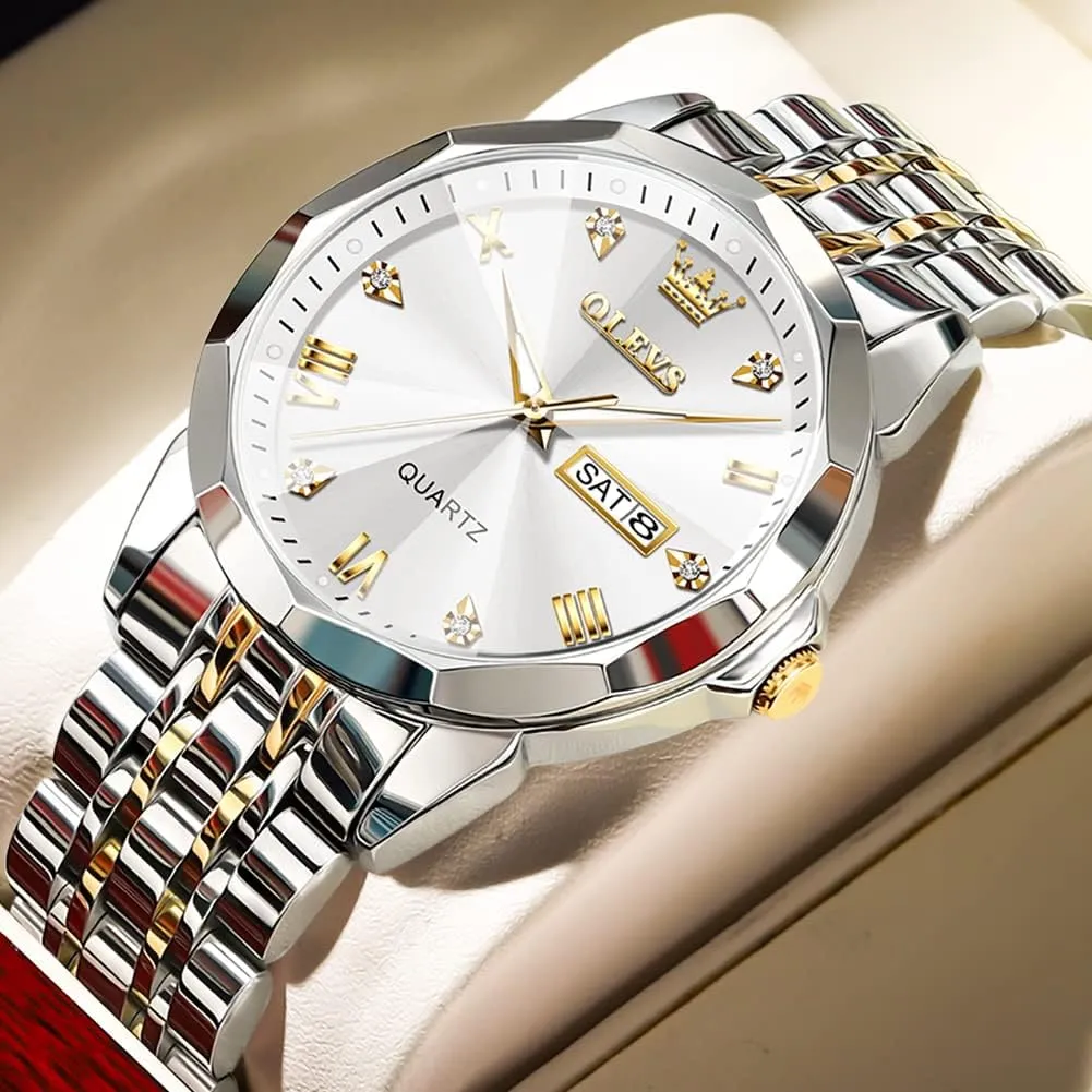 Stainless Steel Waterproof Luminous Two grandparents angiotensin brush shorten structurally Tone Watch for Men OLEVS Men Watches Business Dress Diamond Analog Quartz Date Luxury Wrist Watch Casual 