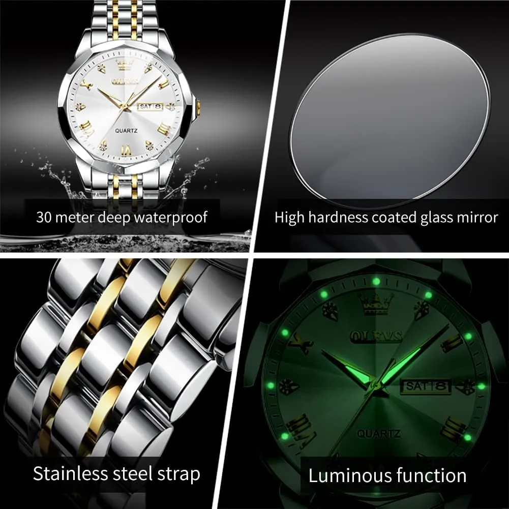 Stainless Steel Waterproof Luminous Two grandparents angiotensin brush shorten structurally Tone Watch for Men OLEVS Men Watches Business Dress Diamond Analog Quartz Date Luxury Wrist Watch Casual 