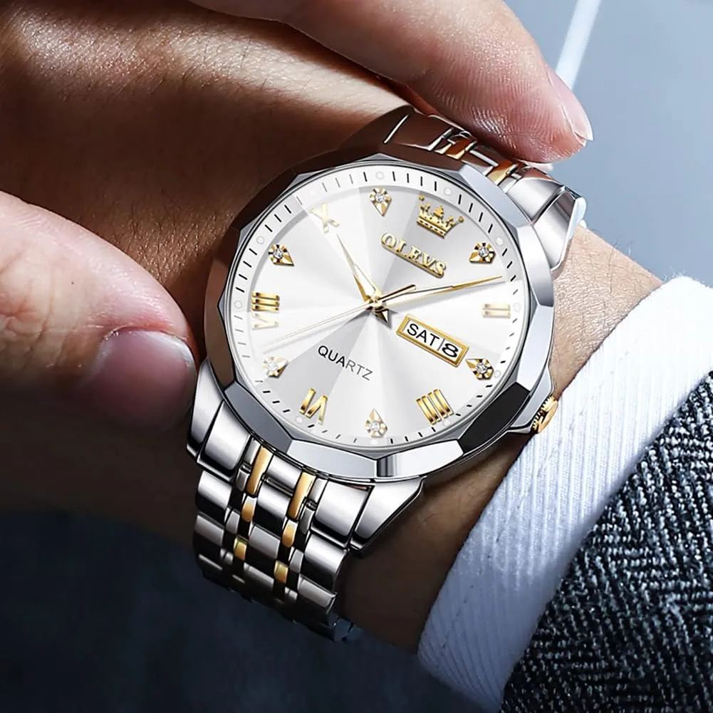 Stainless Steel Waterproof Luminous Two grandparents angiotensin brush shorten structurally Tone Watch for Men OLEVS Men Watches Business Dress Diamond Analog Quartz Date Luxury Wrist Watch Casual 