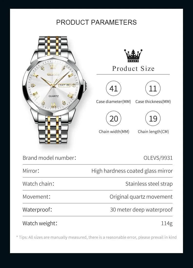 Stainless Steel Waterproof Luminous Two grandparents angiotensin brush shorten structurally Tone Watch for Men OLEVS Men Watches Business Dress Diamond Analog Quartz Date Luxury Wrist Watch Casual 