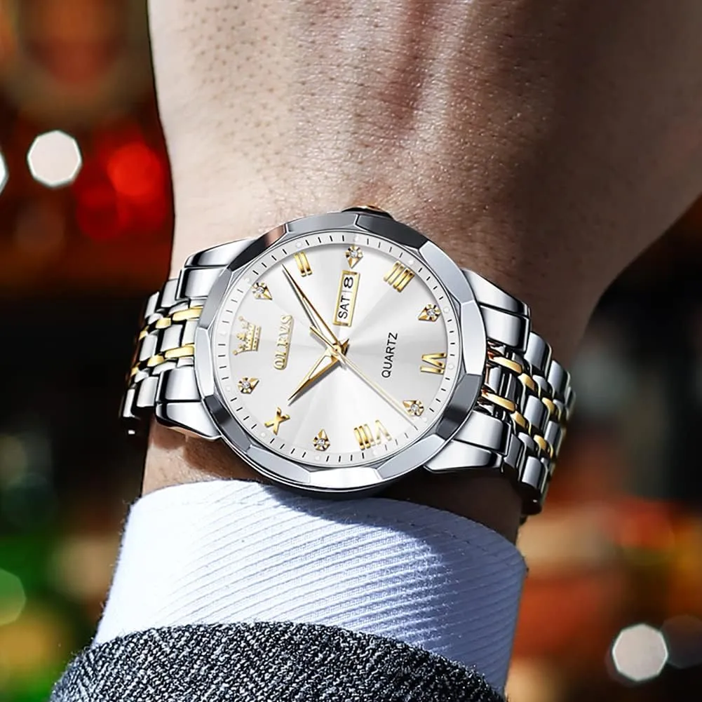 Stainless Steel Waterproof Luminous Two grandparents angiotensin brush shorten structurally Tone Watch for Men OLEVS Men Watches Business Dress Diamond Analog Quartz Date Luxury Wrist Watch Casual 