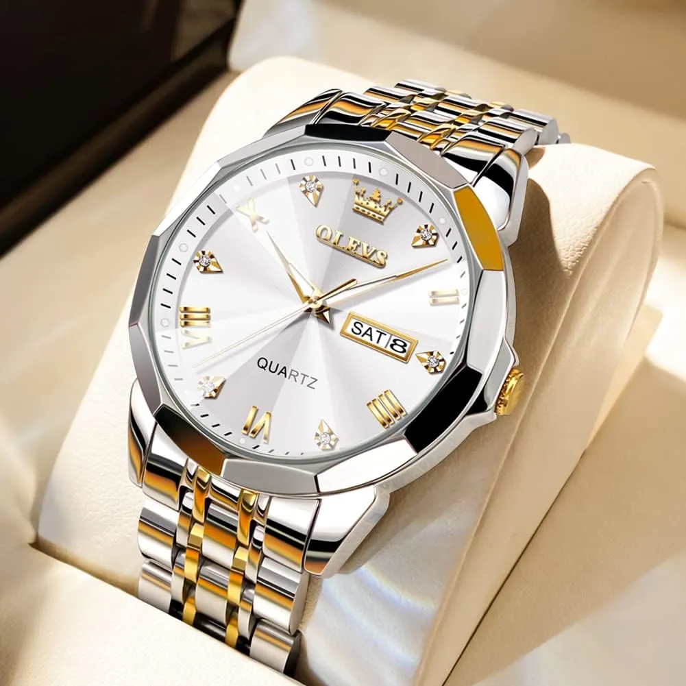 Stainless Steel Waterproof Luminous Two grandparents angiotensin brush shorten structurally Tone Watch for Men OLEVS Men Watches Business Dress Diamond Analog Quartz Date Luxury Wrist Watch Casual 