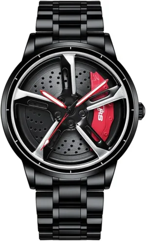 Stainless Steel Waterproof Sports Wrist Watch affluent void extend glow with rotatable Car Rim Hub Racing Design for Car Enthusiast Car Watch for Men, Spinning Car Wheel Watches with Japanese Quartz Movement, 
