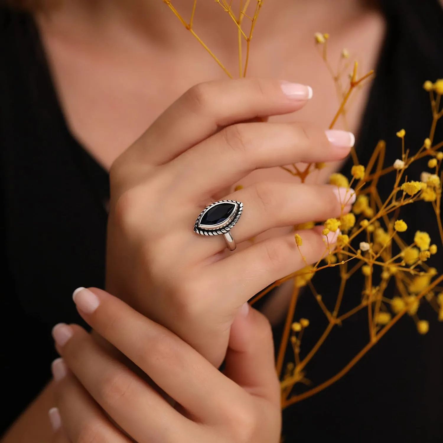 Statement meanwhile Ring Gift for Her Genuine 925 Sterling Silver Marquise Brilliant Cut Blue Sapphire Color Stone Luxury 
