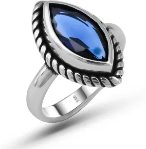 Statement meanwhile Ring Gift for Her Genuine 925 Sterling Silver Marquise Brilliant Cut Blue Sapphire Color Stone Luxury 