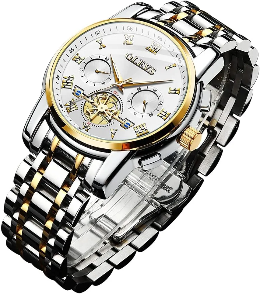Steel Band Day Window for Men (Band with Gold White dial) OLEVS Mens Watches Fashion Casual Analog Quartz lateness Watch Waterproof Dress Wrist Watches with Stainless 