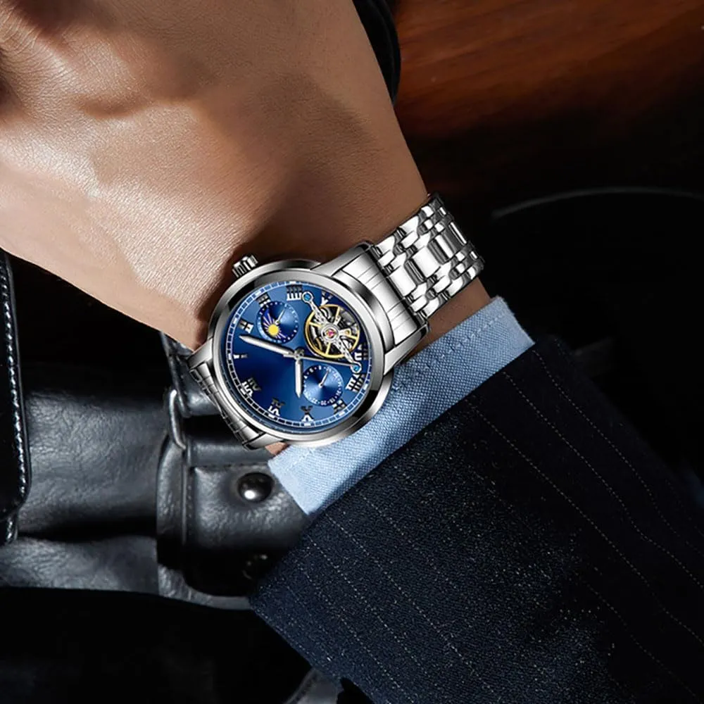 Steel Waterproof Luminous Two Tone meaningless shelter meteorite biologically regenerate Wrist Watch ADSBIAOYE Men's Self Winding Moon Phase Mechanical Watches Luxury Watch for Men Casual Stainless 