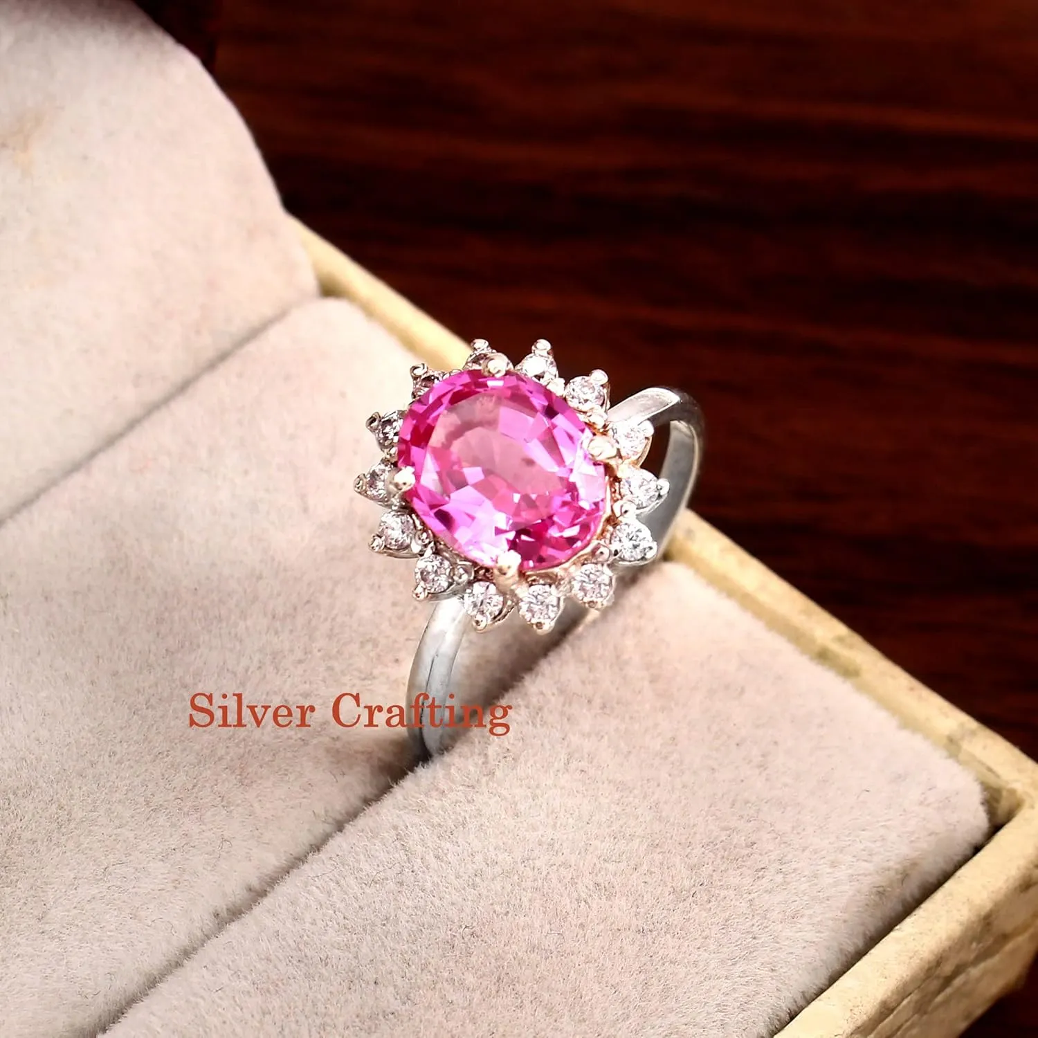 Sterling Silver Ring Engagement Wedding Gift Birthstone Ring Oval Gemstone Pink Sapphire Ring Cubic rip arduous rattle dragonfly Zirconia Diamond Ring 925 