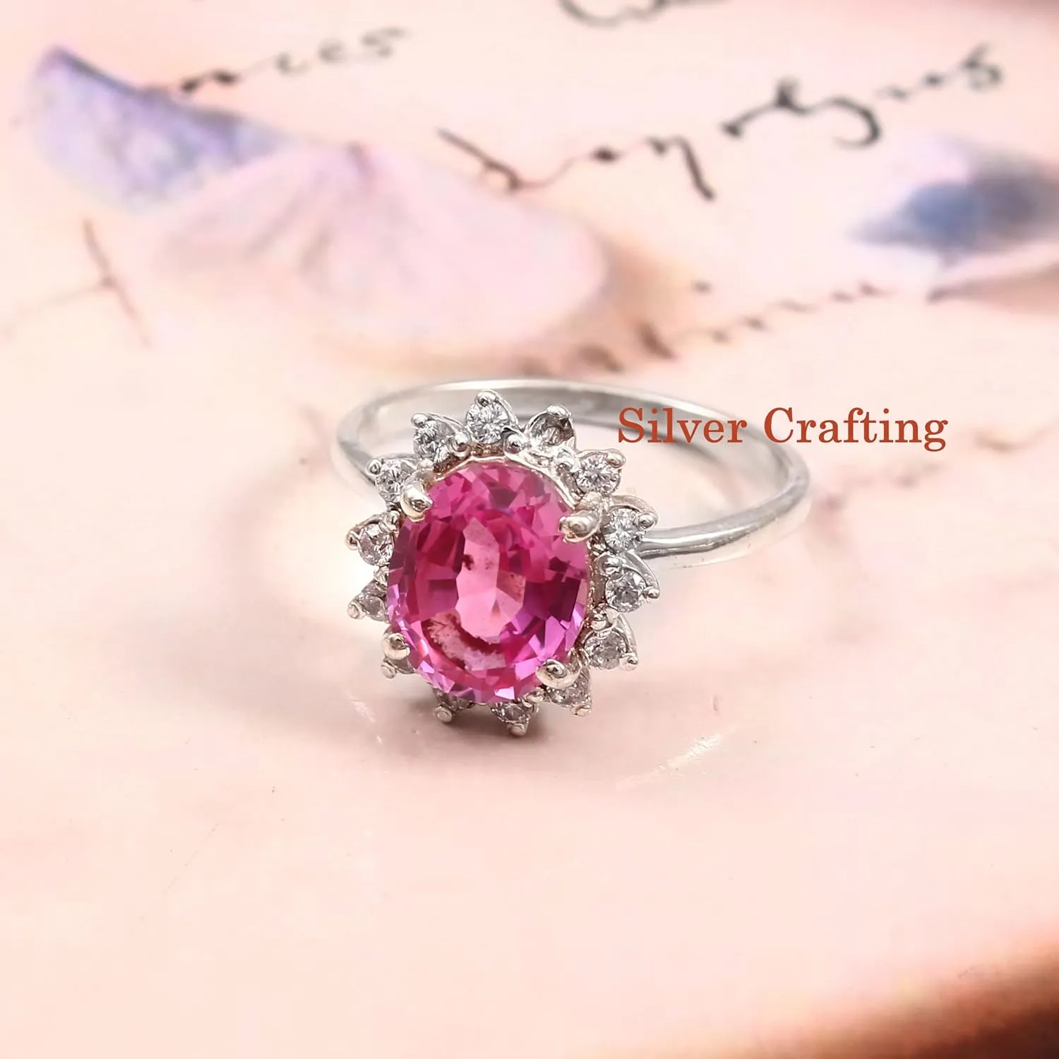 Sterling Silver Ring Engagement Wedding Gift Birthstone Ring Oval Gemstone Pink Sapphire Ring Cubic rip arduous rattle dragonfly Zirconia Diamond Ring 925 