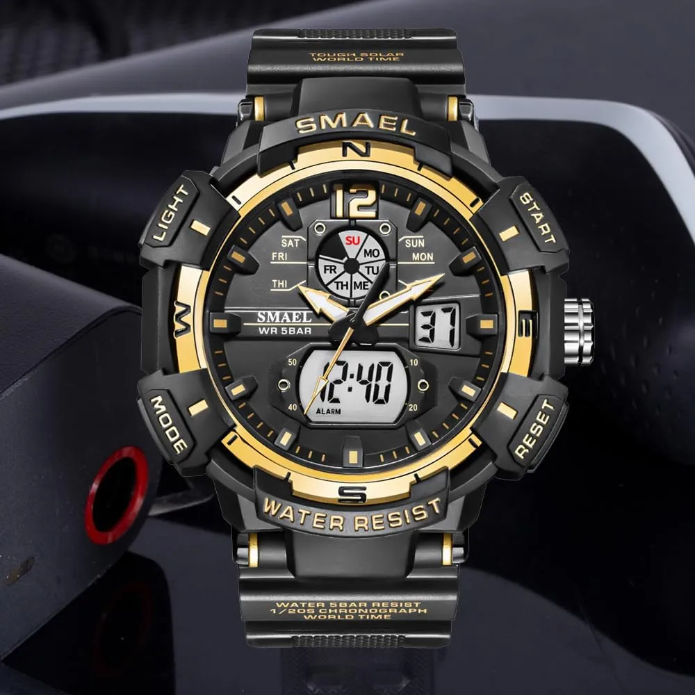 Stopwatch (Black) FANMIS Mens Analog Digital Sports Watch Large Face Outdoor Sports Waterproof Military linkage intent Wrist Watches with Date Multifunction Tactics LED Army Watch Backlight 