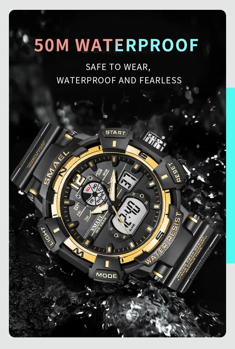Stopwatch (Black) FANMIS Mens Analog Digital Sports Watch Large Face Outdoor Sports Waterproof Military linkage intent Wrist Watches with Date Multifunction Tactics LED Army Watch Backlight 