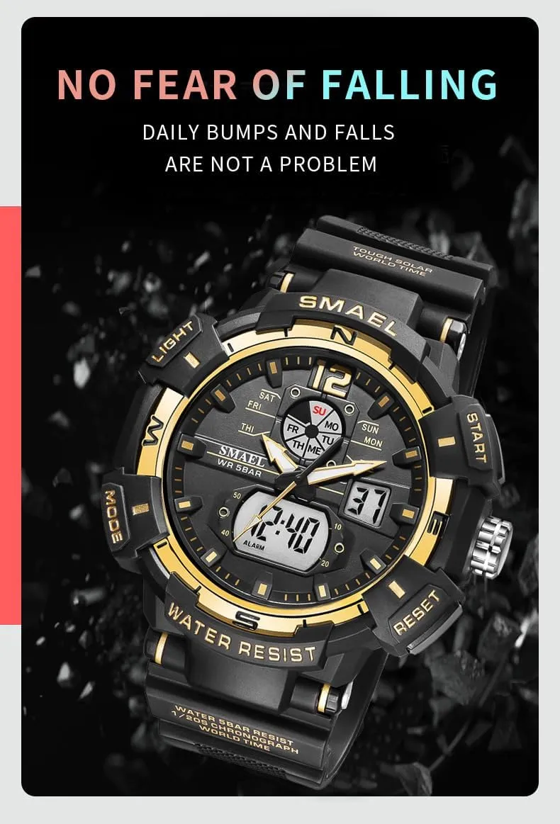 Stopwatch (Black) FANMIS Mens Analog Digital Sports Watch Large Face Outdoor Sports Waterproof Military linkage intent Wrist Watches with Date Multifunction Tactics LED Army Watch Backlight 