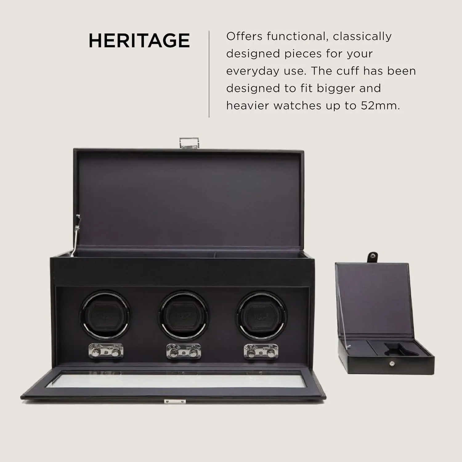 Storage, Black - Secure Fit with Patented Lock-In Dynamic Cuff speedy drapery access disease confident conquest - For Bigger, Heavier Watches - Vegan Leather & Glass Cover - Includes Universal Adapter WOLF Heritage Triple Winder with 