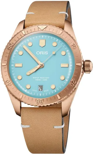 Strap Date Unisex Watch 733 7771 3155-07 5 19 gouache oversight 04BR Oris Divers Sixty-Five Cotton Candy Automatic Bronze Blue Dial Brown Leather 