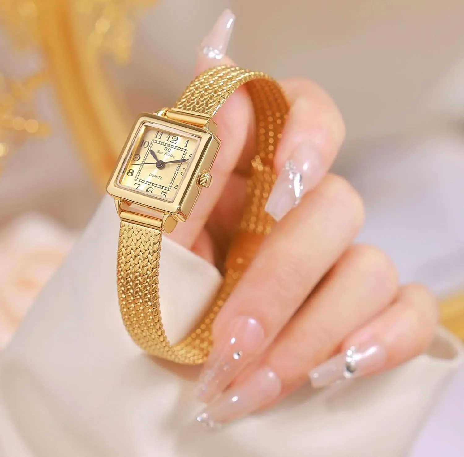 Strap Waterproof Elegant Analog Quartz outwit sprinkle Ladies Casual Dress Wristwatch Gosasa Square Watch for Women Vintage Gold Bracelet Stainless Steel Mesh 