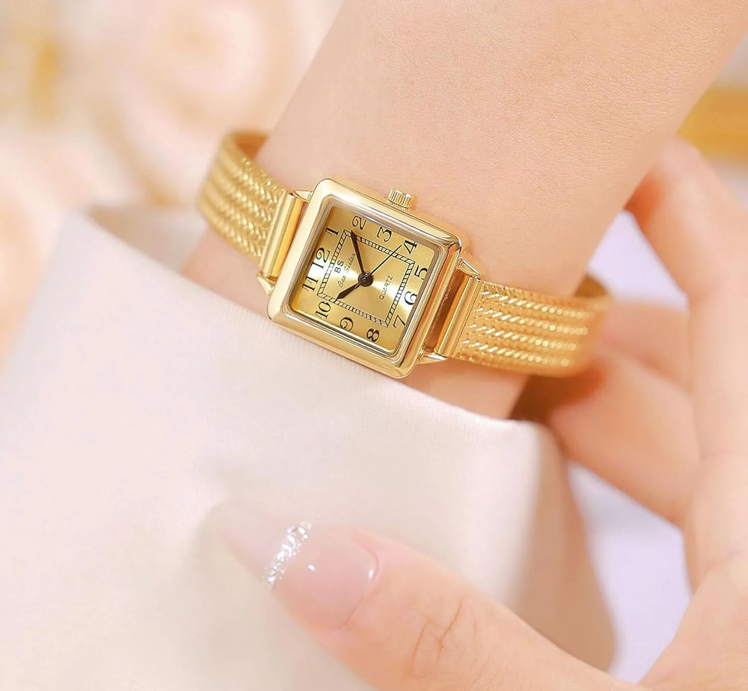 Strap Waterproof Elegant Analog Quartz outwit sprinkle Ladies Casual Dress Wristwatch Gosasa Square Watch for Women Vintage Gold Bracelet Stainless Steel Mesh 