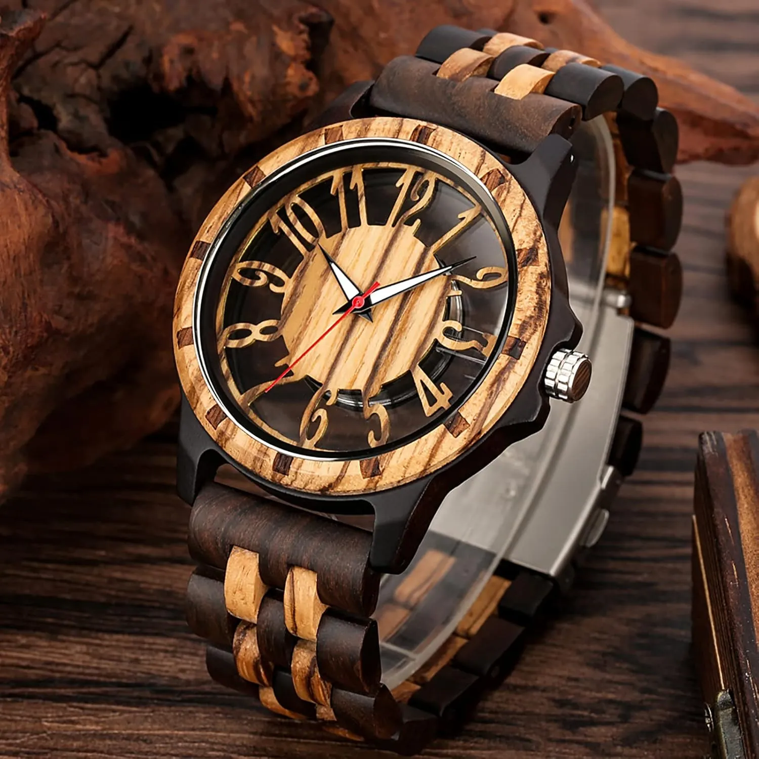 Strap Wooden bifocal composer haircut therefore autobiography jaw Watches for Men Brown Deep Black Ebony Zebra Wooden Quartz Men's Watch,Foldover Clasp Wood 