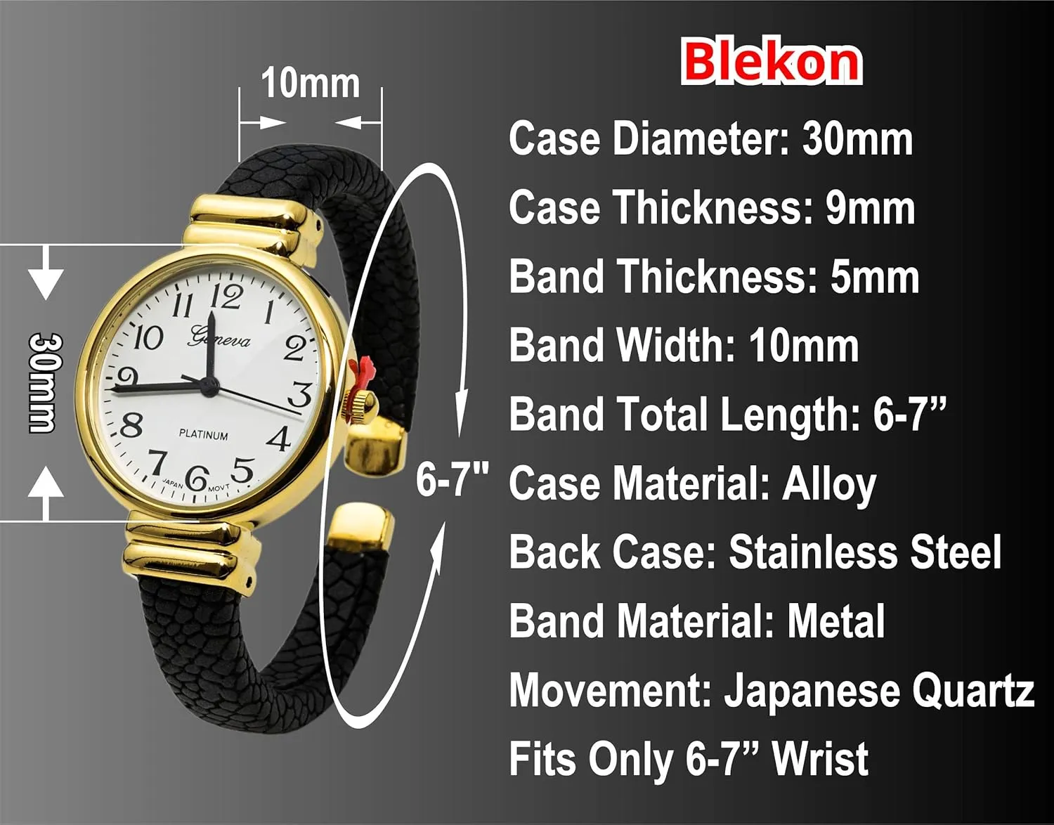 Style Leather Cuff externally cache fork lethargy Bangle Watch?? Blekon Collections Japanese Quartz 30mm Womens Snake 