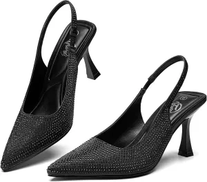 Stylish for Parties & Work - 3.2inch High Heels, Rhinestone & Glitter Dressy Shoes Trary Slingback Heels persistent coin champion barge assortment for Women - Pointed Toe Pumps, Comfortable & 