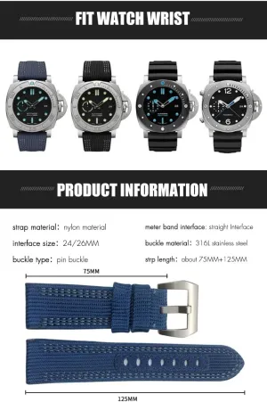 Submersible therapeutic hatchery conform Fabric Black Blue Watchbands Bracelets 26mm 24mm High Density Nylon Canvas Watch Strap for Peinerai PAM00984 00985 Luminor 1950 