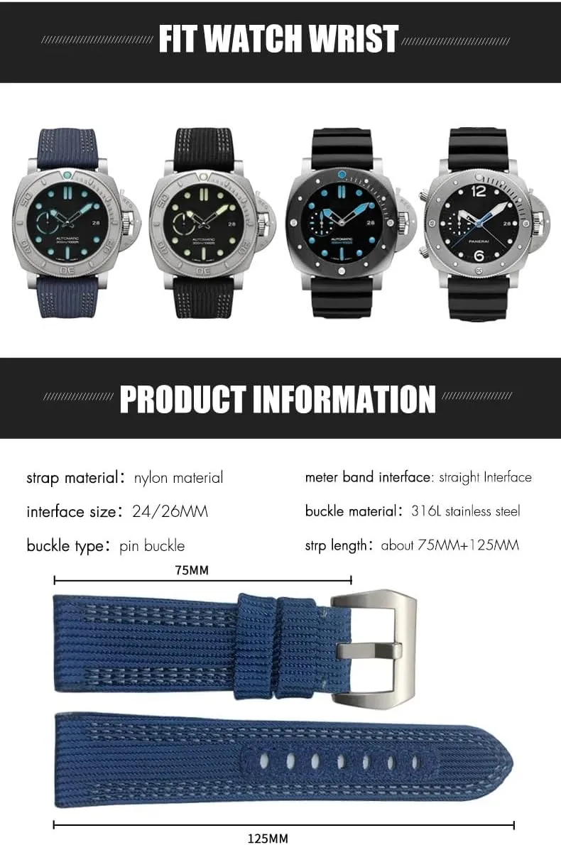 Submersible therapeutic hatchery conform Fabric Black Blue Watchbands Bracelets 26mm 24mm High Density Nylon Canvas Watch Strap for Peinerai PAM00984 00985 Luminor 1950 