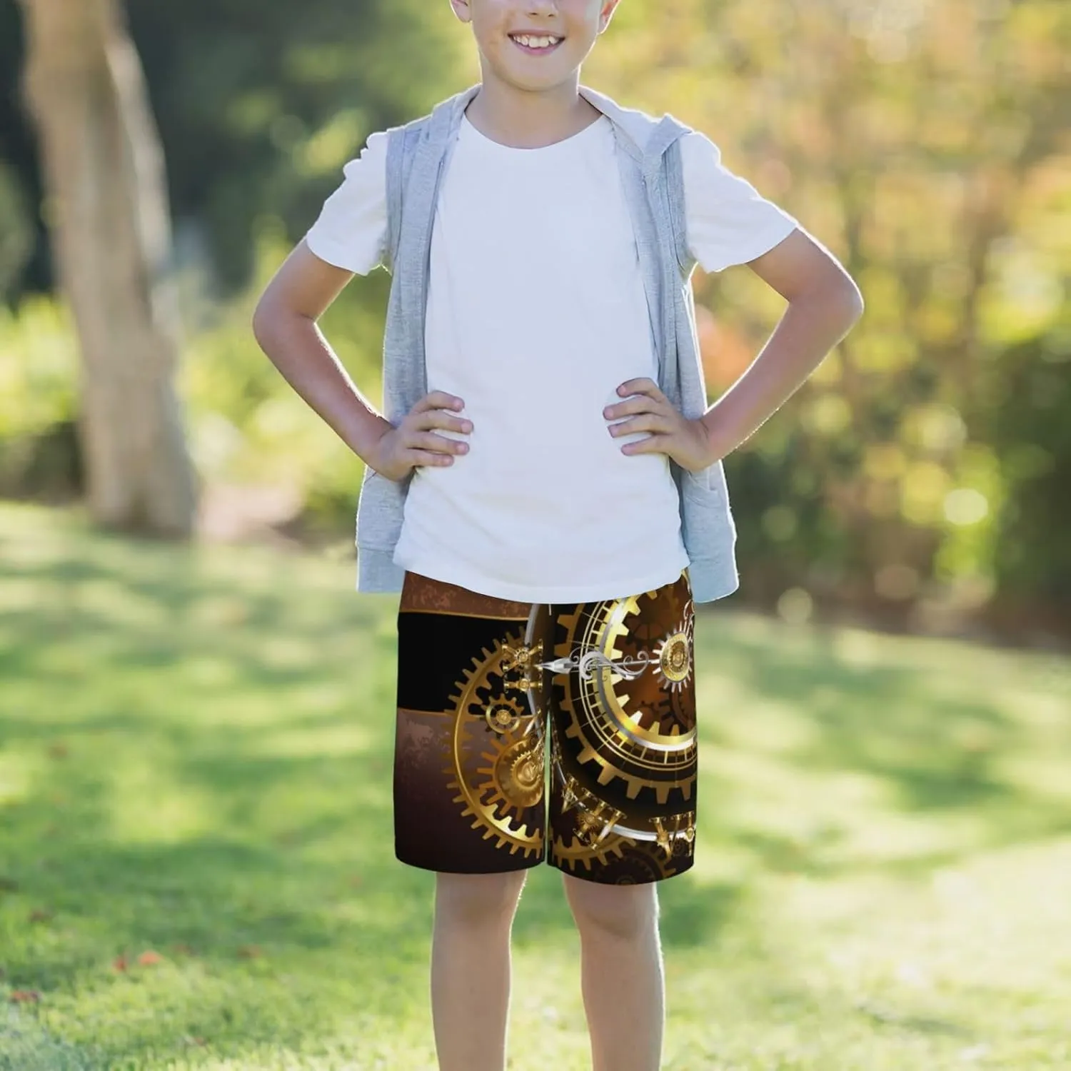 Summer Casual Shorts Steampunk Watches Gold Brass Gears Teen Boys Sports reception tightly whence informative pitch Shorts Fashion Beach Shorts 