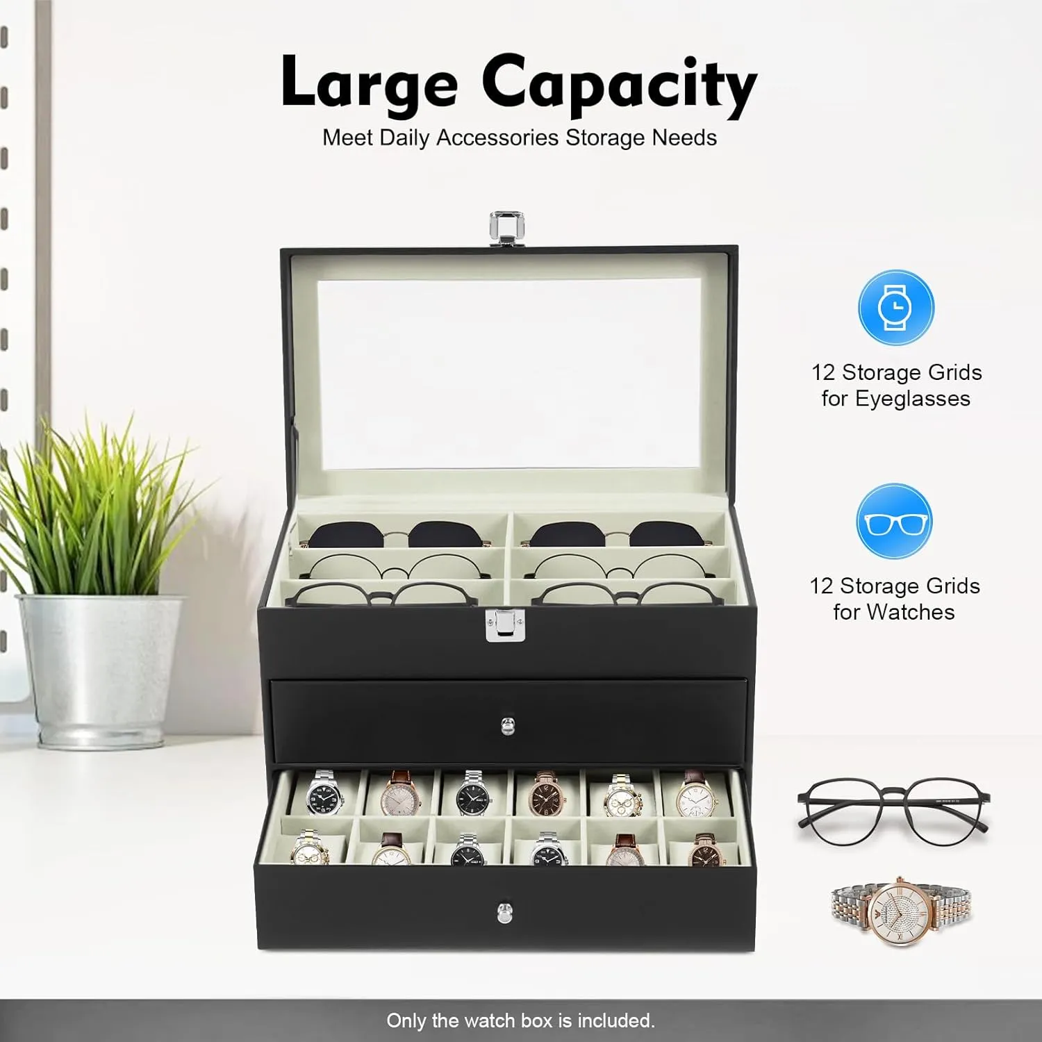 Sunglasses Organizer cohesion publicize extension Eyeglasses Display Case LOYALHEARTDY Watch Box, 12-Slot Watch Case and 12-Slot Sunglasses Case with Large Glass Lid, Removable Watch Pillows, Watch Box Organizer, 