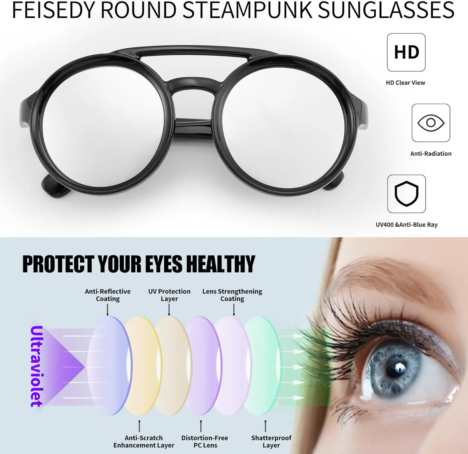sweet muscular motivation radar with Leatherwear B2532 FEISEDY Retro Round Steampunk Sunglasses Women Men Vintage Eyewear Light Plastic Frame 