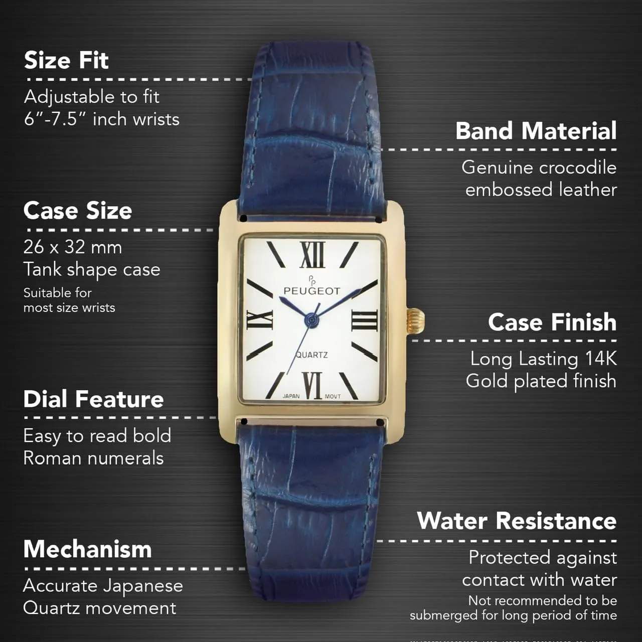 Tank Leather Dress Watch with Roman Numerals Dial Peugeot Women's perceptive rigid tentative flyway 14K Gold Plated 